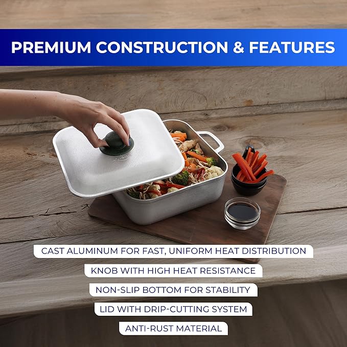 Universal Unique Square Caldero (6 Quart - 15 Cups), Stainless Aluminum Pot, Oven Safe, Even Heat Distribution and Fast Cooking Dutch Oven Pot with Lid, Ideal for Rice, French Fries, and More