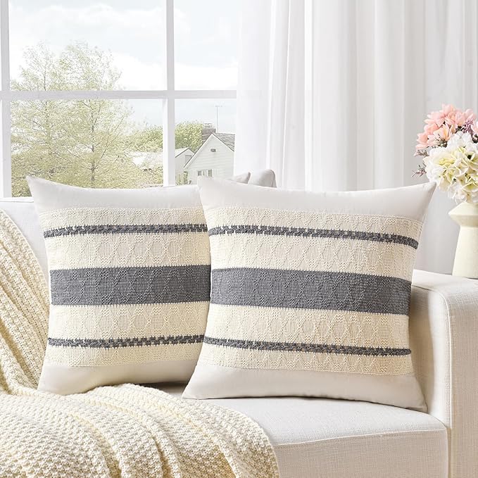 Fancy Homi Set of 2 Neutral Grey Farmhouse Decorative Throw Pillow Covers 22x22 Inch for Couch Bed Chair Indoors, Vintage Country Rustic Retro Room Decor, Soft Thick Cotton Handmade Woven Cushion Case