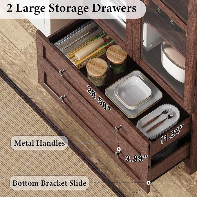 EasyCom 71 Tall Arched Pantry Cabinet, Farmhouse Wood Kitchen Cabinet with 2 Large Drawers, 4-Tier Storage Cabinet with Adjustable Shelf & Magnetic Clasp Doors for Living Room, Dining Room, Brown