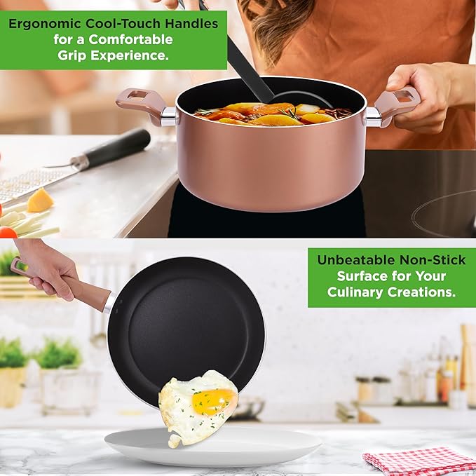 NutriChef Kitchenware Pots & Pans - Stylish Kitchen Cookware Set, Non-Stick (13-Piece Set), Brown, One Size, (NCCWA13BR.5)