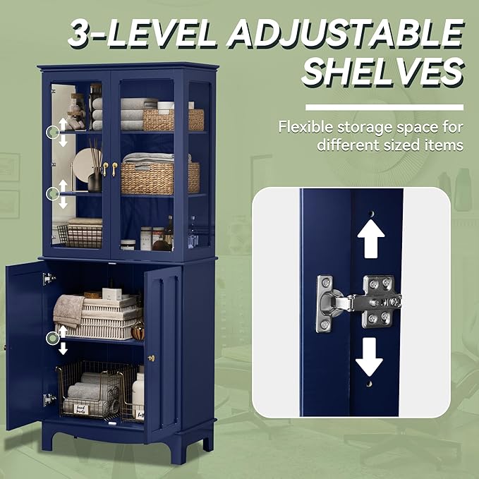 ARTPOWER 72" Freestanding Kitchen Pantry Storage Sideboard, Classical Tall Cabinet with Glass Door and Adjustable Shelves for Kitchen, Livingroom and Dining Room, Navy Blue