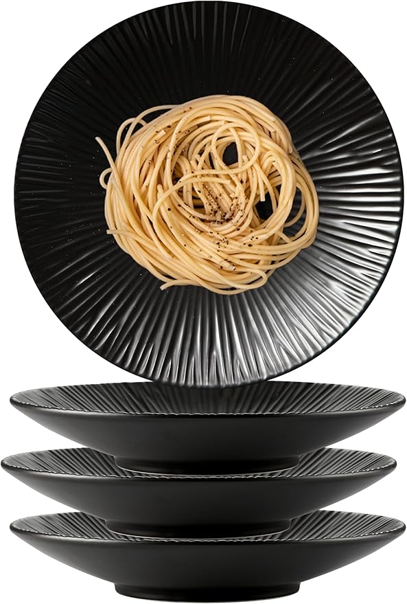 CLAY TONIC Set of 4-10.3 Inch Japanese Style Porcelain Round Dinner Plates, Versatile Circular Serving Plates for Pasta, Salad, Steak Dinner (Black, 10.3 Inches)