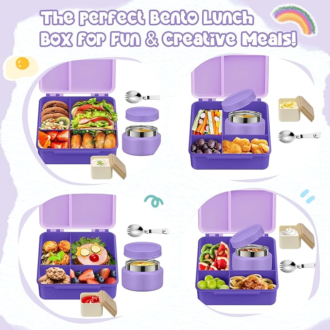 Aimsnk Bento Lunch Box for Kids with 9oz Soup Thermo Leak-Proof Lunch Food Container with 5 Compartment Thermo Hot Food Jar and Insulated Lunch Bag for Kid Toddler Girls Boys to School(Purple)