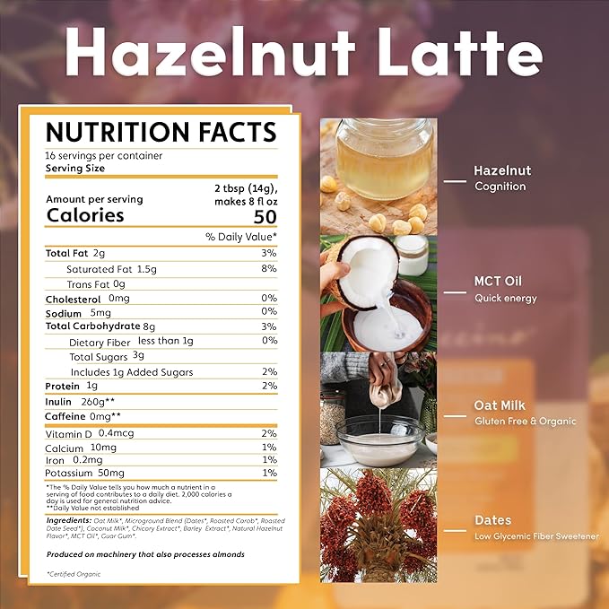 Teeccino Organic Instant Hazelnut Herbal Latte ??14 Servings ??Creamy Oat & Coconut Latte Plus MCT Oil with Buttery Hazelnuts & Dates Accenting Roasted Chicory ??Prebiotic, Caffeine-Free ??7.9 ounces