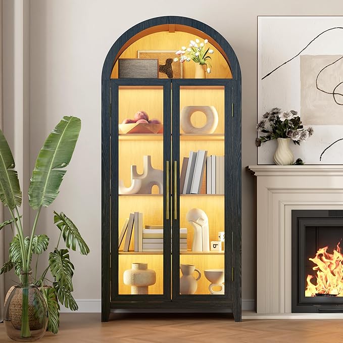 Vlsrka 71" Arched Storage Cabinet with Doors, Display Cabinet with LED Light & Human Sensor, 5-Tier Display Cases for Collectibles, Curio Cabinet with Ajustable Shelf for Living Room(Black+Wood)
