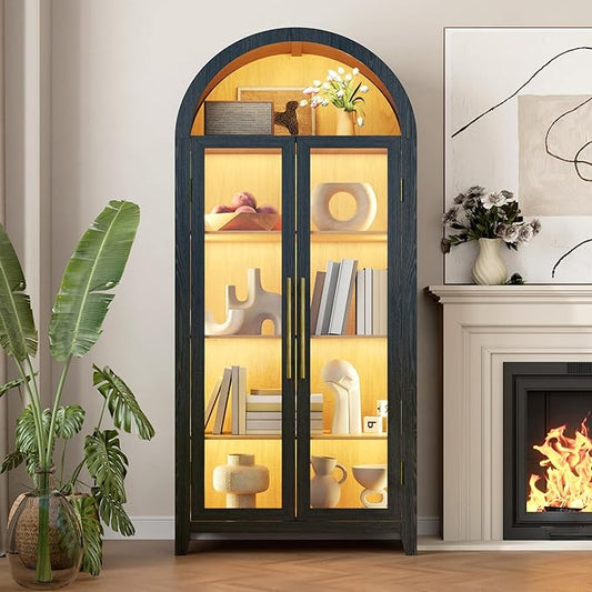 Vlsrka 71" Arched Storage Cabinet with Doors, Display Cabinet with LED Light & Human Sensor, 5-Tier Display Cases for Collectibles, Curio Cabinet with Ajustable Shelf for Living Room(Black+Wood)