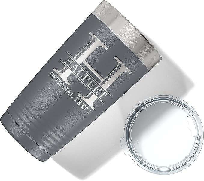 Personalized 20oz (17 Colors) Powder Coated Insulated Stainless Steel Tumbler with Lid, Custom Etched, Customized Engraved Gift Idea for Women Men Her Him, Halpert Monogram Initial Name (Gray)