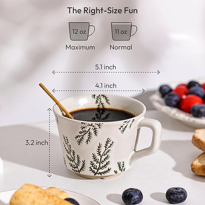 Ceramic Coffee Mug, 12 oz Novelty Unique Teacup with Handle, Stoneware Cup for Tea Mocha Latte Cappuccino Espresso (Ivy)
