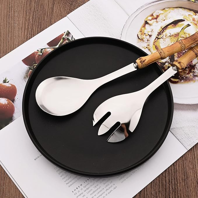 Natural Bamboo Handle Serving Spoons Set of 6, Large Size Stainless Steel Dinner Buffet Catering Banquet Serving Spoons, 10.0" Silver Big Ladle Tablespoons for Home, Family Serving Utensils