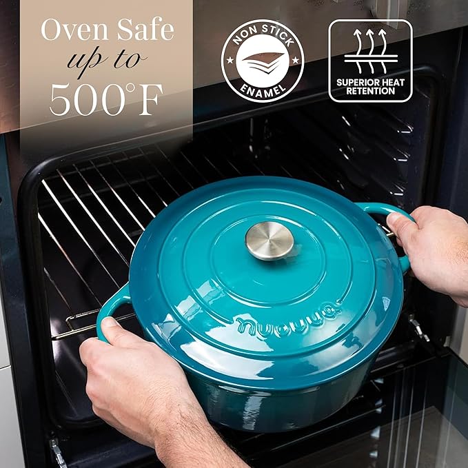 Nuovva Enamelled Cast Iron Dutch Oven Pot with Lid ??6.4 Quart Non Stick Casserole Pot ??Heavy Duty & Oven Safe up to 500째 F for Bread Baking, Braising, Stews, Roasting ??28cm Teal