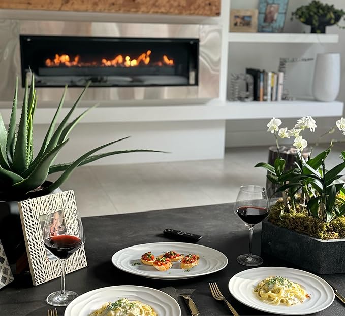 Pots & Patterns White Porcelain Dinner Plates Set for 4 ??12-Piece Chip-Resistant Plates and Bowls with Natural Waves Design ??Microwave, Oven, Dishwasher Safe Scratch-Resistant China Dinnerware