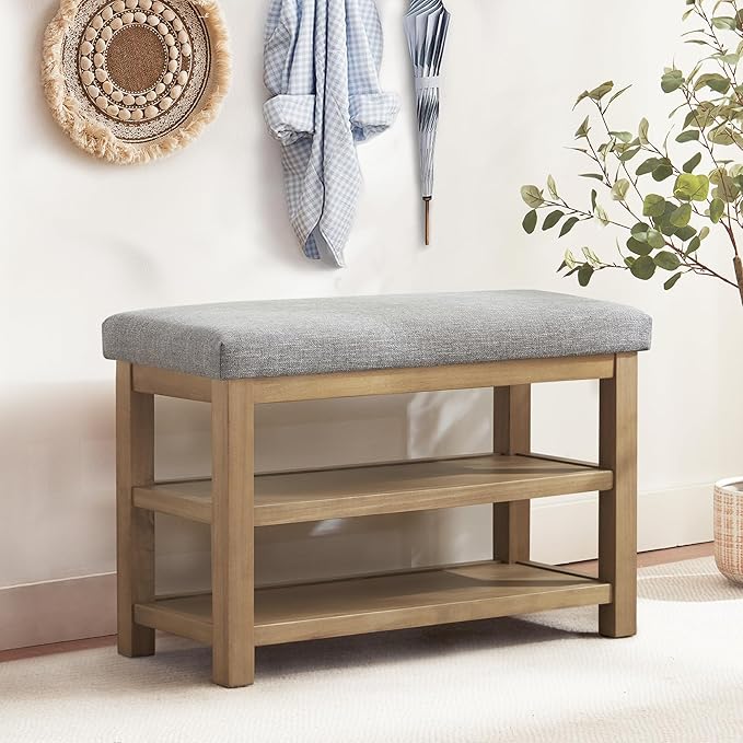 Zihanhome Shoe Rack Bench with Cushion, 2 Tier Solid Wood Storage Bench, Mid-Century Modern Shoe Bench for Entryway, Hallway, Closet, Front Door Entrance, Foyer (Grey, 31.5")