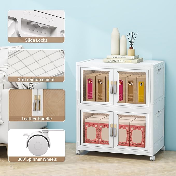 Large Clear Stackable Storage Bins with Lids, 90QT-45QT*2Tier Foldable Cabinet for Closet Organizers, Plastic Storage Box with Wheels White