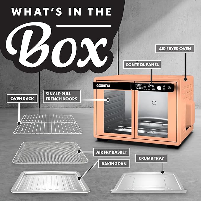 Gourmia French Door Air Fryer Oven - 37 Qt Large Capacity Convection Toaster Oven, FryForce 360°, Digital Display, 12 Cooking Presets, Dehydrate, Fits 13??Pizza, Dishwasher-Safe, Peach