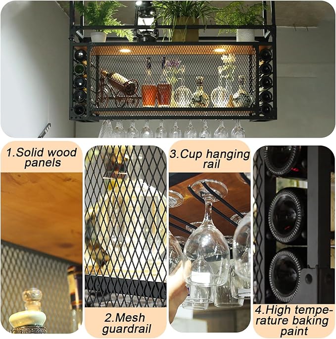 47.2in Wall Mounted Wine Racks, Hanging Wine Rack, Large Capacity Wine Holder, Can Hanging Or Wall Mounted, Simple Type with Light Wine Rack for Bar, Restaurant, Indoor (BLACK, 47.2 * 11.8 * 21.6in)