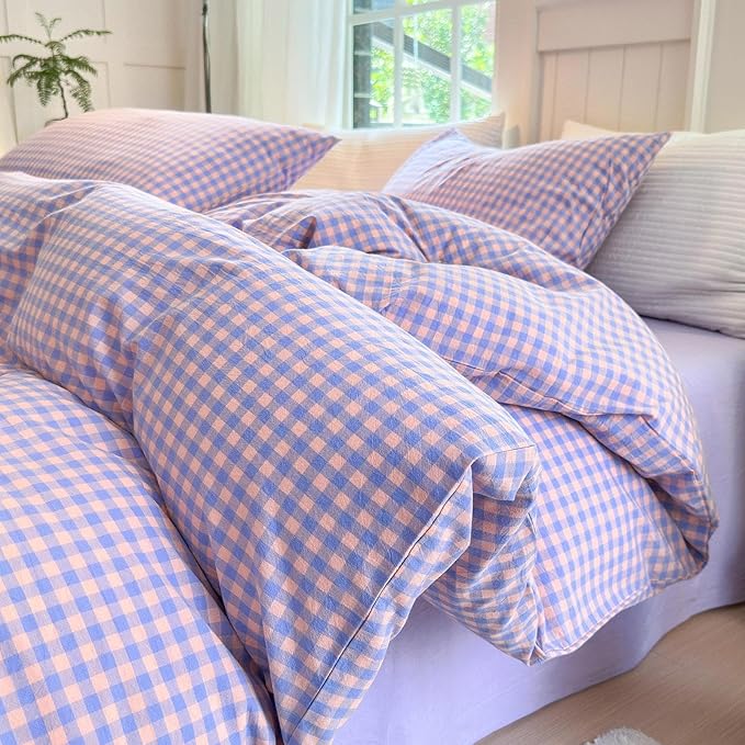 LifeTB Purple Gingham Comforter Set Full Modern Style Purple Pink Grid Plaid Comforter Soft Fluffy 3 Pieces Checkered Pattern Comforter Set Farmhouse Gingham Bedding Comforter with 2 Pillowcases