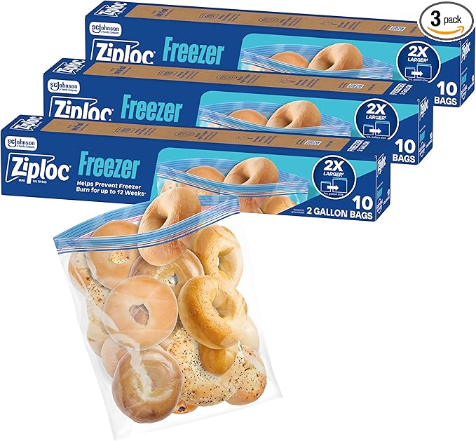 Ziploc Two Gallon Food Storage Freezer Bags, 30ct Total, Easy Open and Close, 10 Count, Pack of 3 (Packaging May Vary)