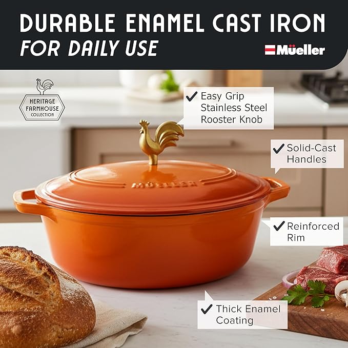 MUELLER HOME 5.5 Quart Enameled Cast Iron Oval Dutch Oven w Rooster Knob & Cotton Potholders, Heavy-Duty Cookware, Oven-Safe up to 500째 F & Across All Cooktops, Gifts for Grandma & Women, Orange