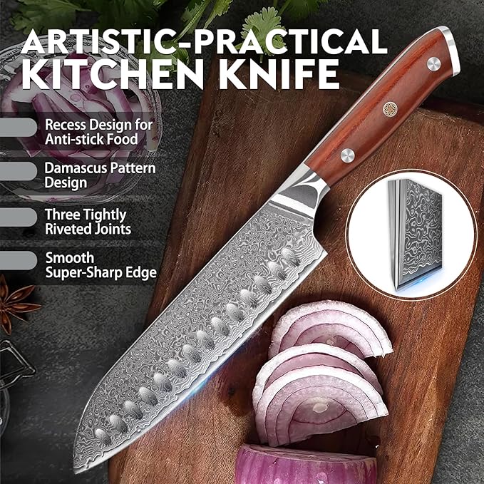 Purple Dragon Santoku Knife 7 Inch, VG10 Steel Damascus Japanese Chef Knife for Kitchen Cooking Meat Cleaver, Cutting Vegetables and Fruit - Christmas Gift for Men and Women