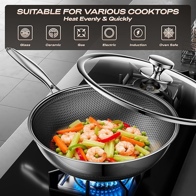 Wok,Hybrid 12-Inch Wok with Lid,Nonstick Stainless Steel Woks & Stir-fry pans,Dishwasher-Friendly,PFAS PFOA PTFE Free, Oven-Safe Up to 600째F,Compatible with All Cooktops