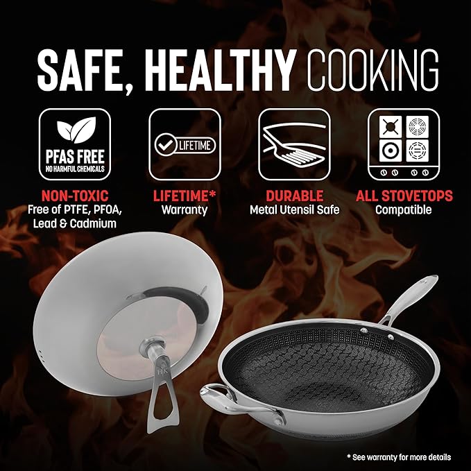 Hell's Kitchen Hybrid 12??Wok Pan, Tri-Clad Stainless Steel and Nonstick Ceramic, PFAS Free, no PFOA, no PTFE, no Teflon, Non Toxic Cookware, Metal Utensil Safe, All Cooktops and Oven Safe (Wok + Lid)