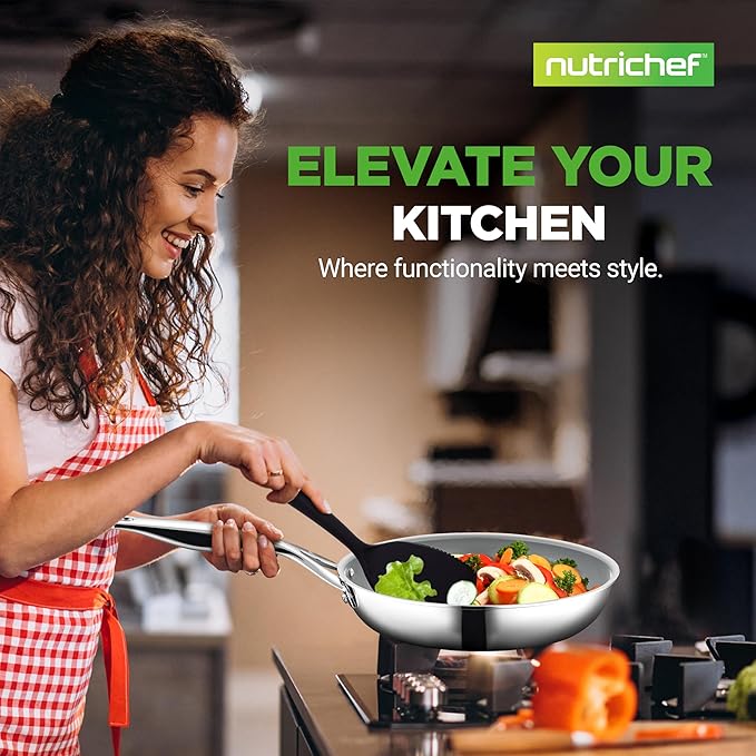 NutriChef 12-Piece Professional Stainless Steel Cookware Set ??Tri-Ply Pots, Ceramic Non-Stick Fry Pans, Induction Compatible, Strong Riveted Handles, Dishwasher Safe