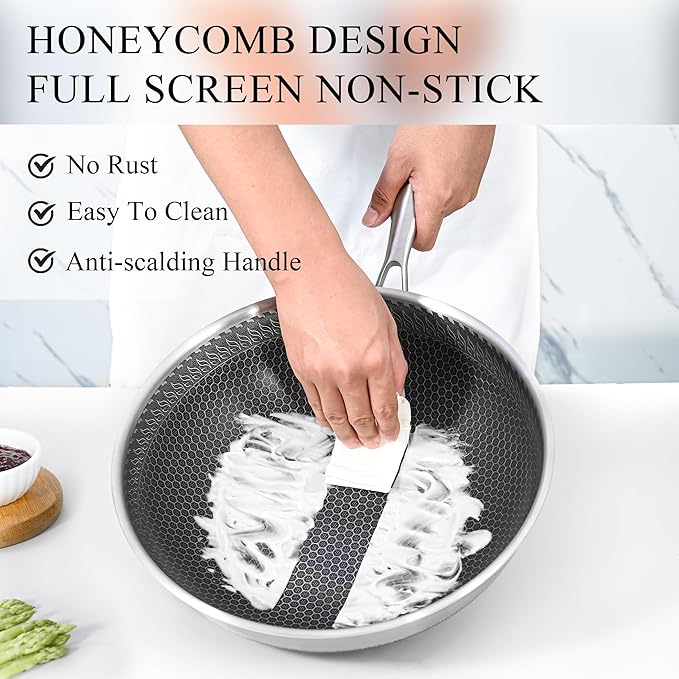 Vinchef Stainless Steel Wok Pan with Glass Lid 12 Inch, Honeycomb Nonstick Stir Frying Pan Induction Compatible and Dish Washer Safe