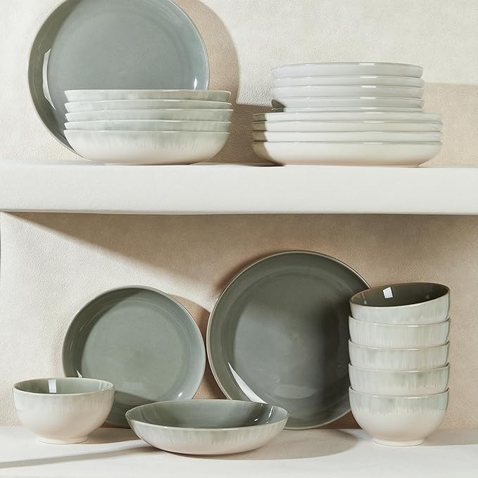 Dinnerware Sets with Double Bowls Service for 6, Gradient Green