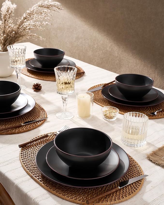 Famiware Venus Speckled Dinnerware Set with Pasta Bowls, Service for 6 (24 Pieces), Stoneware Plates and Double Bowls Sets, Microwave & Dishwasher-Safe Dishes with Trim, Matte Black