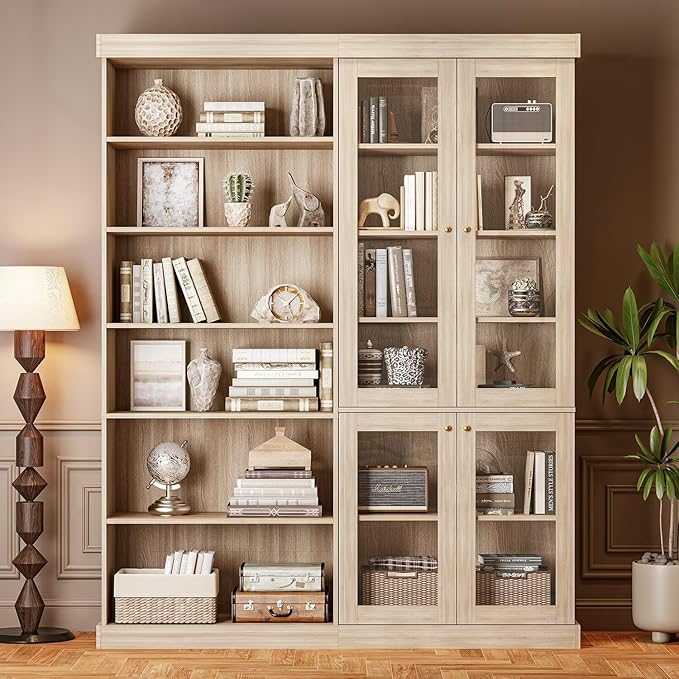 Vyre 70.8" Tall Farmhouse Bookshelf with Glass Doors, Modular Bookcase with 6-Tier Adjustable Shelves, Large Storage Cabinet for Kitchen, Living Room, Brown, Set of 3