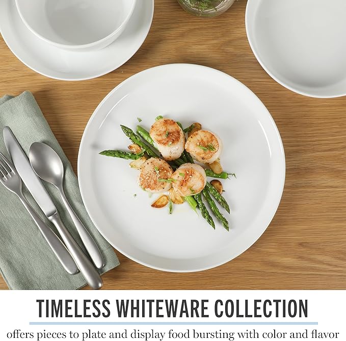 Martha Stewart Selma Chip & Scratch Resistant Dinnerware Set ??White Plates and Bowls, Durable Dishwasher and Microwave Safe Dishes Set for Everyday Use