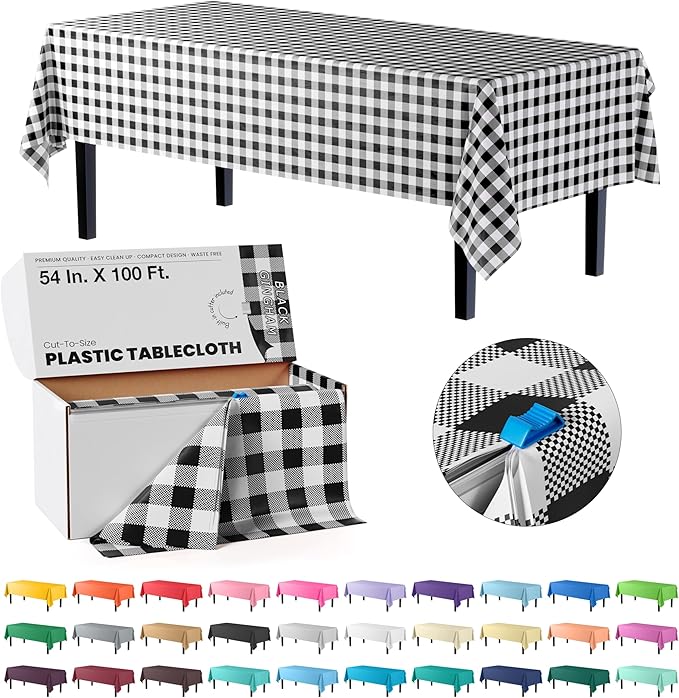 Party Solids 54 Inch X 100 Feet Black Gingham Plastic Table Cover Roll in A Cut - to - Size Box with Convenient Slide Cutter. Cuts Up to 12 Rectangle 8 Feet Plastic Disposable Tablecloths