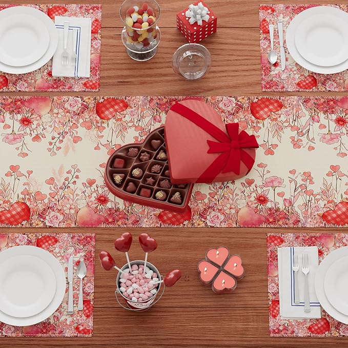 XCHI Wild Flowers Love Hearts Valentine?셲 Day Table Runner Table Decoration for Party Home Kitchen Dining Holiday Decor 13x120 Inch
