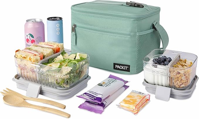 PackIt짰 Freezable Essential Cooler, Sage, Built with ECOFREEZE Technology, Fully Freezable, Collapsible, Reusable, With Removable Crossbody Strap, Top Clip Handle, Designed for Fresh Office