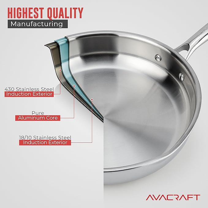AVACRAFT 18/10 12 Inch Stainless Steel Frying Pan with Lid, Side Spouts, Induction Pan, Versatile Stainless Steel Skillet, Fry Pan in our Pots and Pans (Tri-Ply Stainless Steel, 12 Inch)