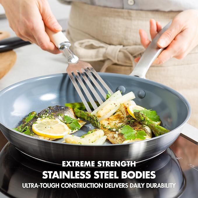 GreenPan Treviso 9.5??and 11??Frying Pan skillet Set, Non-Toxic PFAS-Free Stainless Steel Ceramic Nonstick Coating, Induction Suitable, Multi Clad, Pouring Rims, Dishwasher & Oven Safe to 600째