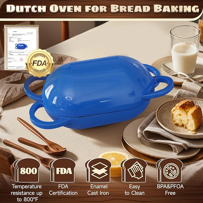 Enameled Cast Iron Oval Bread Oven with Non-Stick Silicone Liner, 2QT, Blue, Mini Oval Homemade Sourdough Dutch Oven with Lid, Artisan Bread Loaf Pan for Homemade Bread Five-Years Free Replacement