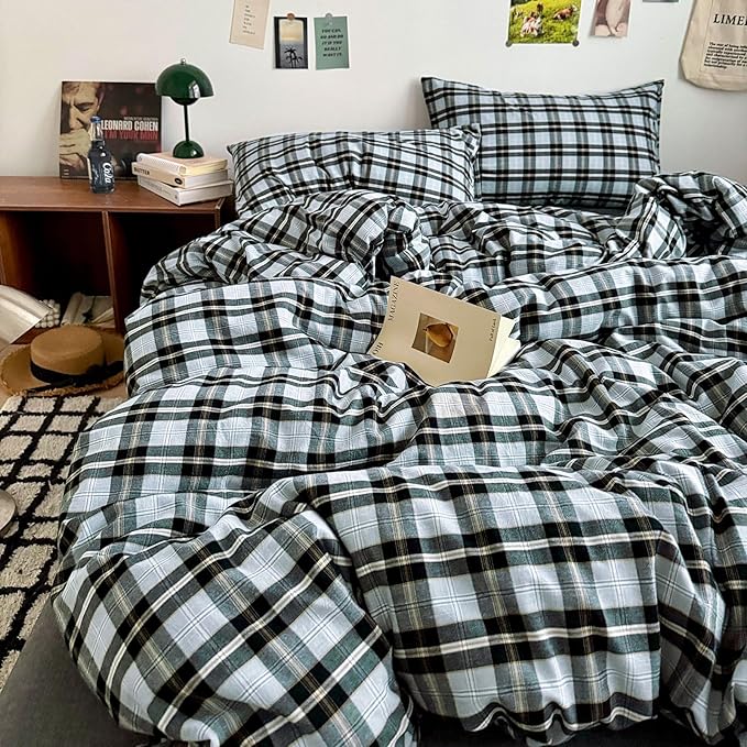 LifeTB 3 Pieces Plaid Comforter Set Full Size, Soft Fluffy Vintage Plaid Checkered Comforter with 2 Pillowcases, Lightweight Breathable Grey Black Gingham Bedding Comforter Farmhouse Grid Bedding Set