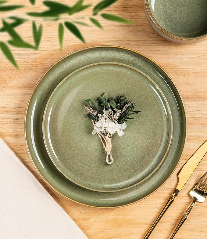 TheTerra Ceramic Dinnerware Sets, Handmade Reactive Glaze Plates and Bowls Set, Scratch Resistant Dish Set, Oven & Microwave & Dishwasher Safe, Service for 6, Sage Umber