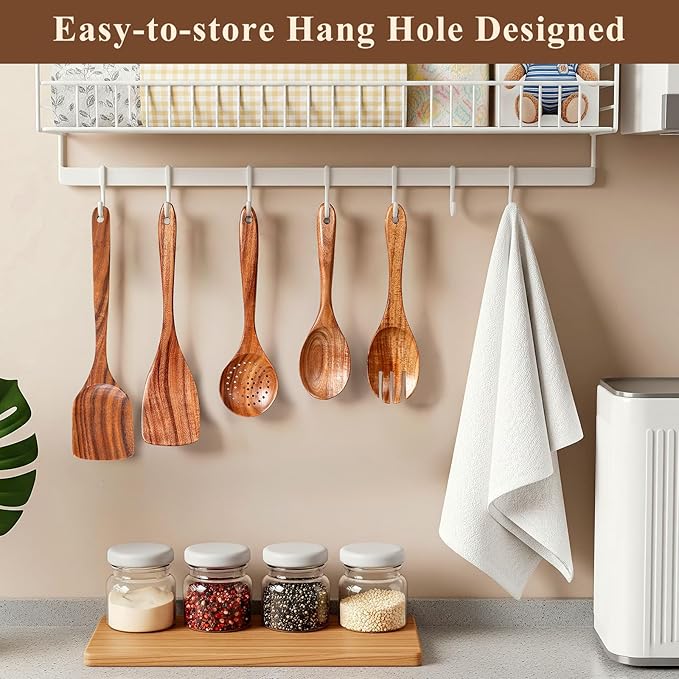 Wooden Spoons for Cooking, 12 Pcs Nonstick Wooden Cooking Utensils Set with Comfort Grip ??100% Natural Teak Wood - Sturdy, Lightweight & Heat Resistant Kitchen Utensils