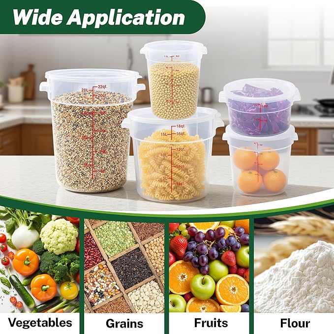 Round Food Storage Container with Lid, 4 Qt Translucent, Commercial 4 Pack of ??NSF Listed, BPA-Free, Polypropylene, Non-Stick, Scale, with Labels & Measuring Cups