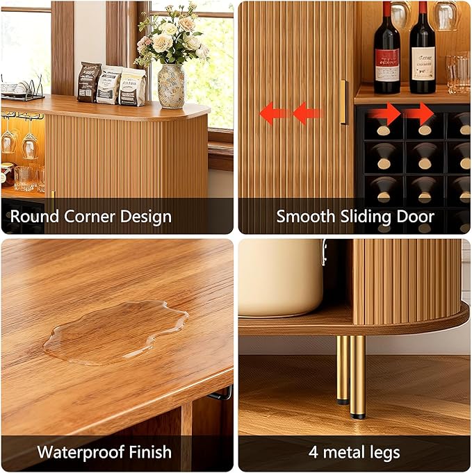 DHH 55" Wine Bar Cabinet with Storage, Fluted Liquor & Coffee Bar Cabinet with Wine Rack and Glass Holder, Buffet Sideboard with LED Lights for Home Kitchen Living Dining Room (Black) (Yellow Walnut)