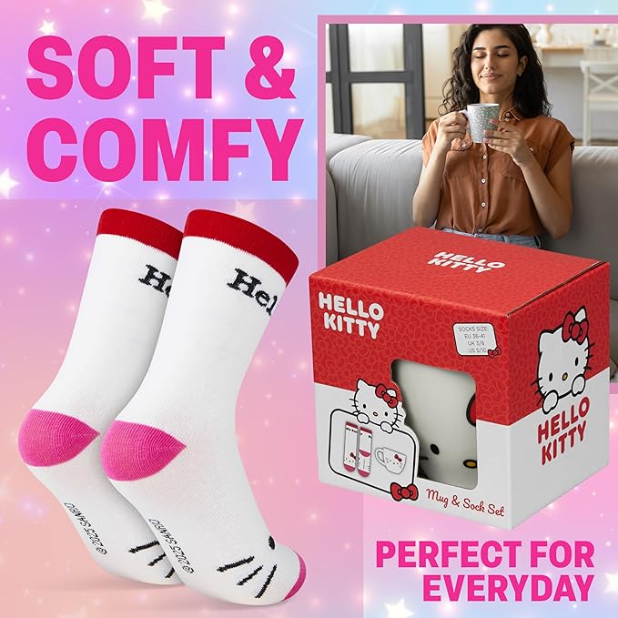 Get Trend Hello Kitty Sanrio Coffee Mug and Socks Set, 11.5 oz Ceramic Cup with Crew Socks, Kawaii Drinkware Christmas, Secret Santa Gifts for Women (White Hello Kitty)