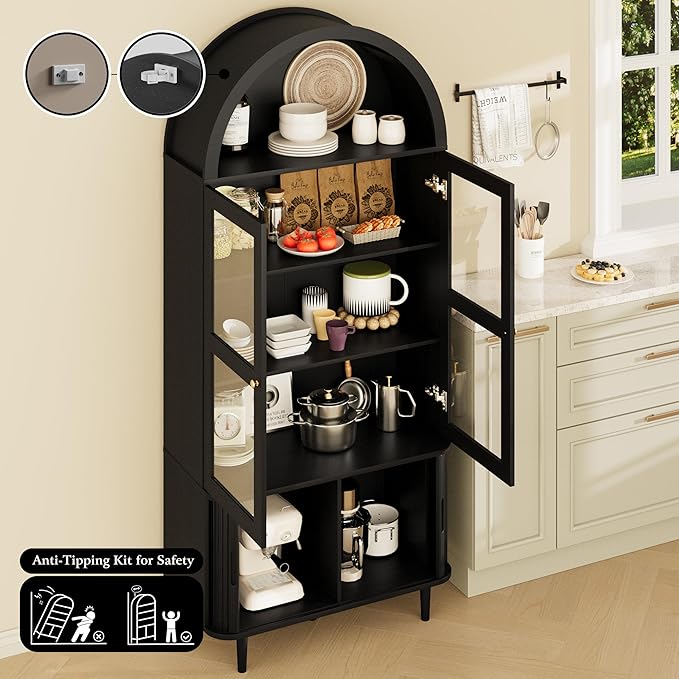 DHH 71" Tall Arched Kitchen Pantry, Modern Farmhouse Wood Kitchens Storage Cabinets with Sliding Doors竊?Adjustable Shelves, Versatile Cupboard for Kitchen, Living Dining Room, Bathroom (Black)