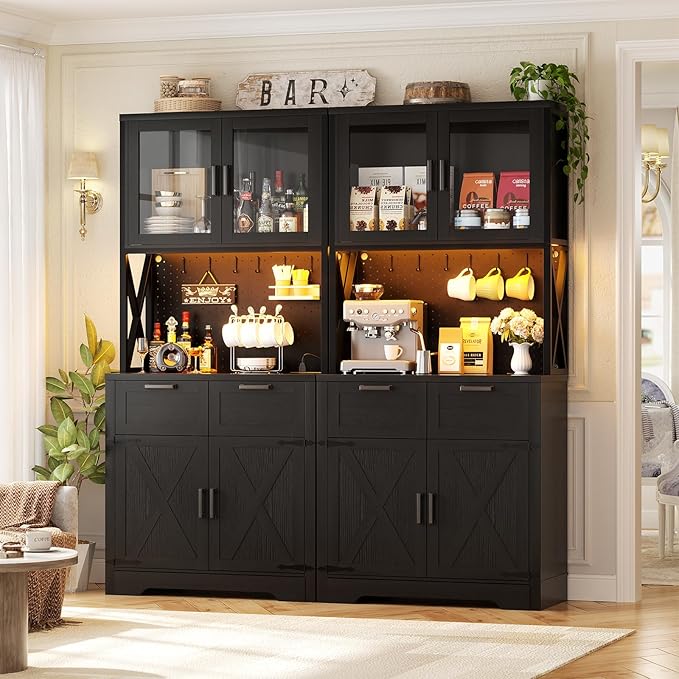 Unikito 71" Pantry Cabinet with LED Light & Outlet, Tall Kitchen Pantry Storage Cabinet with Microwave Stand, DIY Pegboard, Drawers and Adjustable shelf, Farmhouse Kitchen Hutch for Dining Room, Black