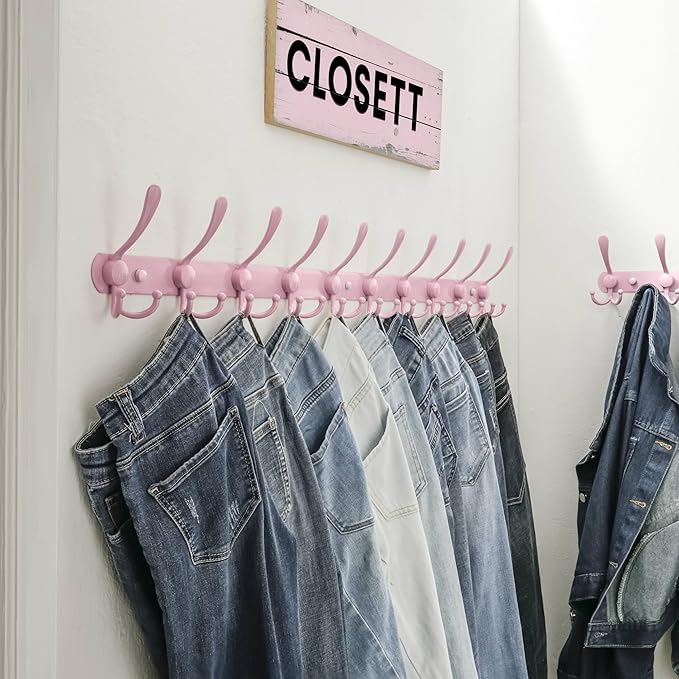 Dseap Coat Rack Wall Mount - 38??Long 10-Tri-Hooks Heavy Duty Coat Hanger Rail Wall Hooks for Hanging Coats Hats Clothing Clothes Purse Mudroom Entryway, Pink