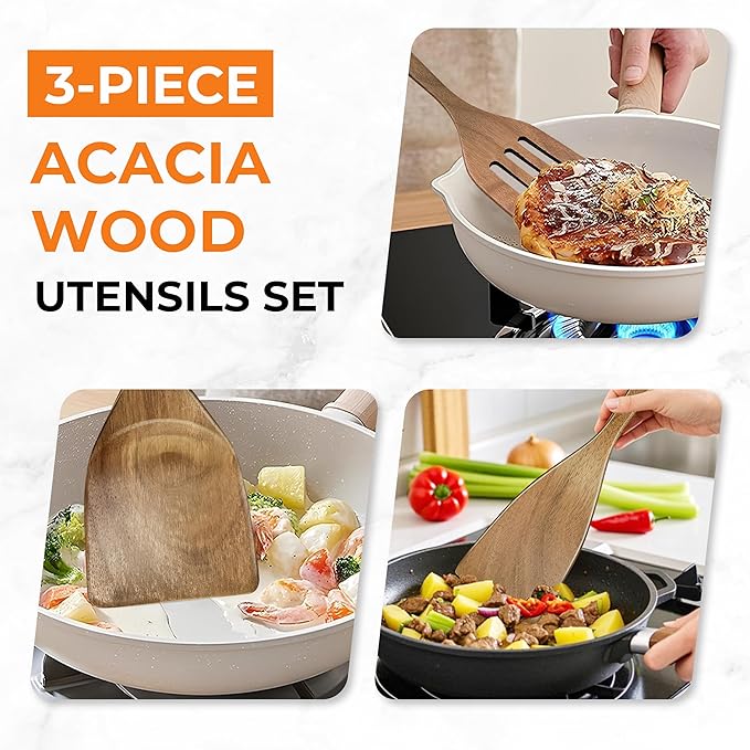 Natural Acacia Wood Spatula Set of 3, Nonstick Pan Safe Multipurpose Wooden Cooking Spatulas, Eco-Friendly Scratch-Proof Heat Resistant with Hanging Holes