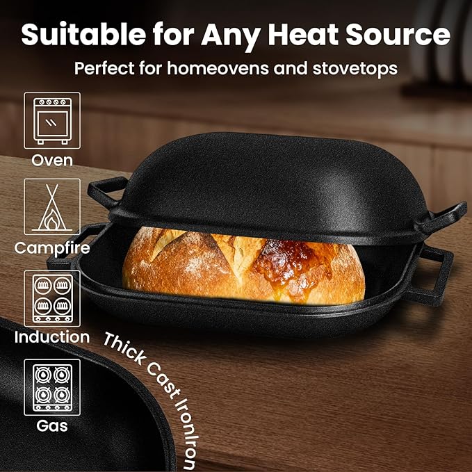 Heavy-Duty Pre-Seasoned Cast Iron Bread Pan, Same as the challenger Bread Pan Cast Iron with Lid, For Homemade Breadmaking, Cloche Inverted Dutch Oven Set for Baking, 15 Lbs Heavy Duty, Non-stick