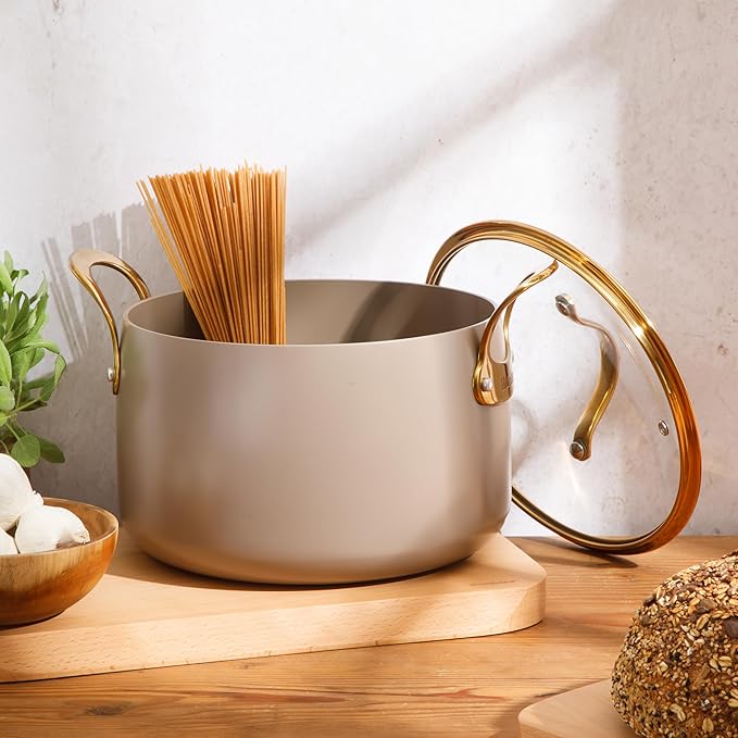 Bloomhouse - Two Time Oprah's Favorite Things Winner - 8 Quart Stock Pot w/Lid ??PFAS-Free Ceramic Nonstick Dutch Oven Heavy Duty Aluminum Oven Safe Dishwasher Safe Cappuccino Cream w/Gold Handles