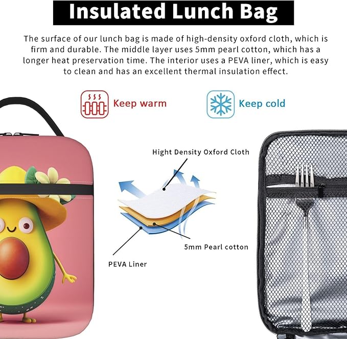 VANZEV Insulated Lunch Box for Women Men, Avocado Theme Lunch Box Reusable Portable Lunch Bag Cooler Tote Waterproof Lunch Container for Office Picnic Work Travel